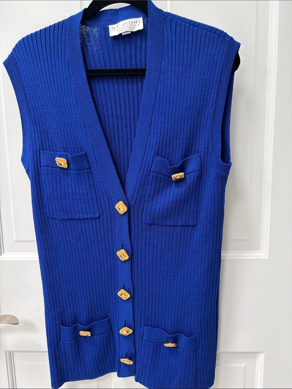 St. John Royal Blue Knit Sleeveless Cardigan with Gold Buttons